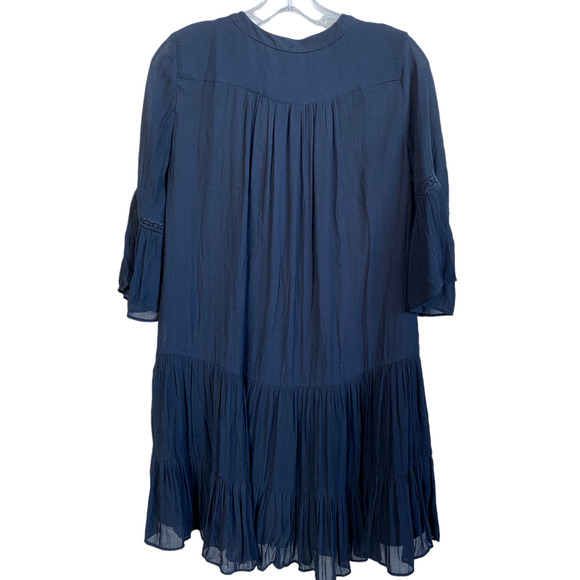 LOFT Dress Womens 6 Navy Blue Pleated Tiered Hidden Button Front 3/4 Sleeve - Picture 2 of 7